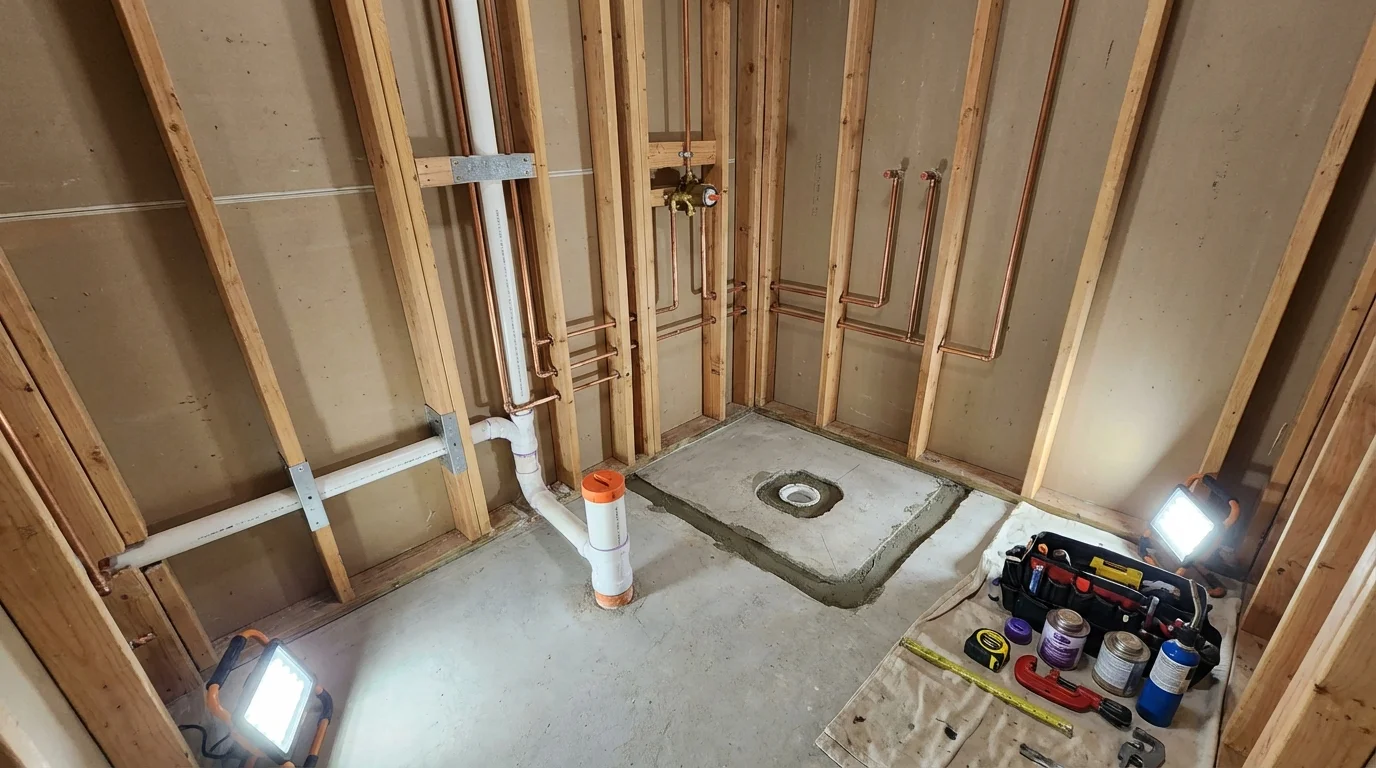 Bathroom rough-in plumbing during remodel by Johns Plumbing LLC in Bronson