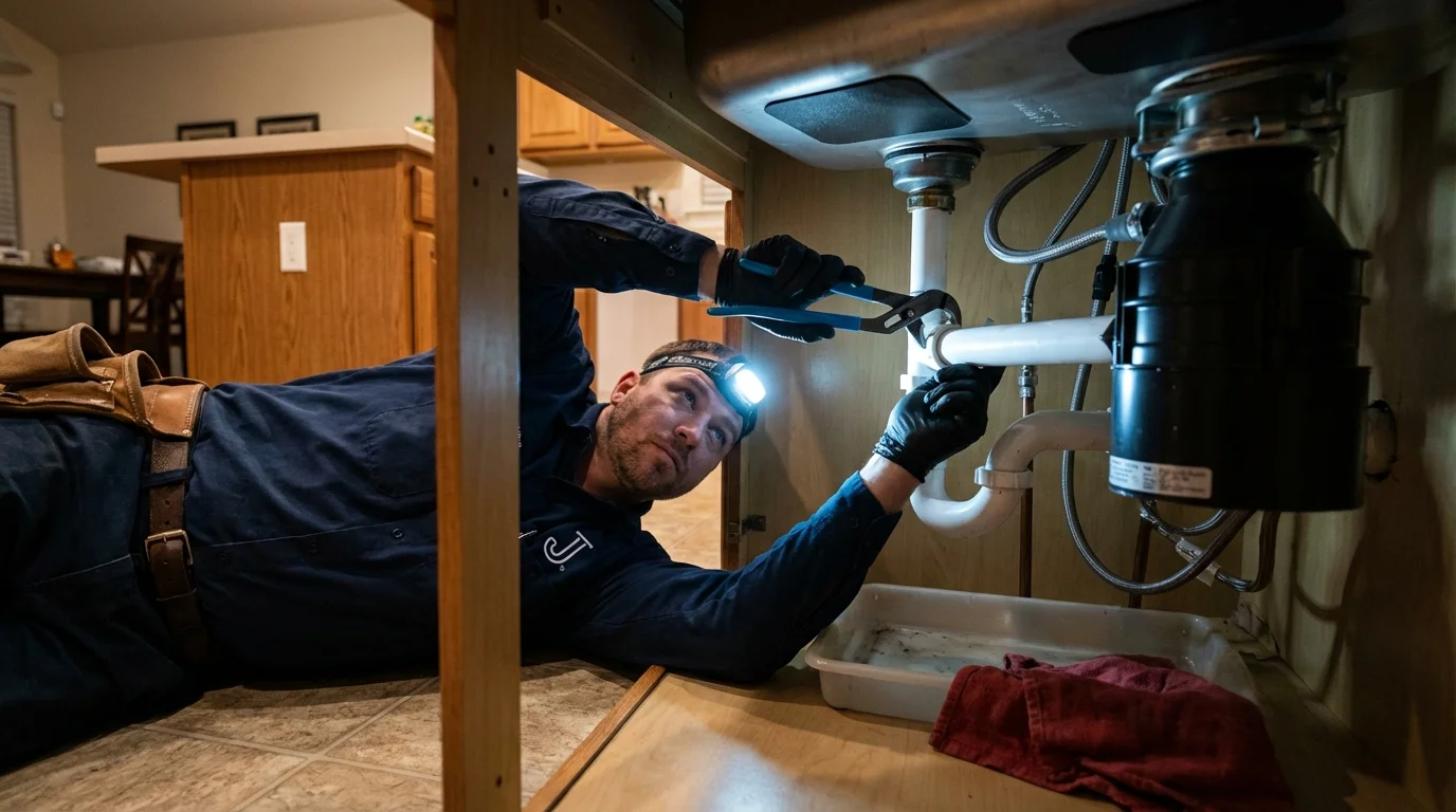 P-trap and supply line connections under a kitchen sink showing a common leak point in Bronson, FL